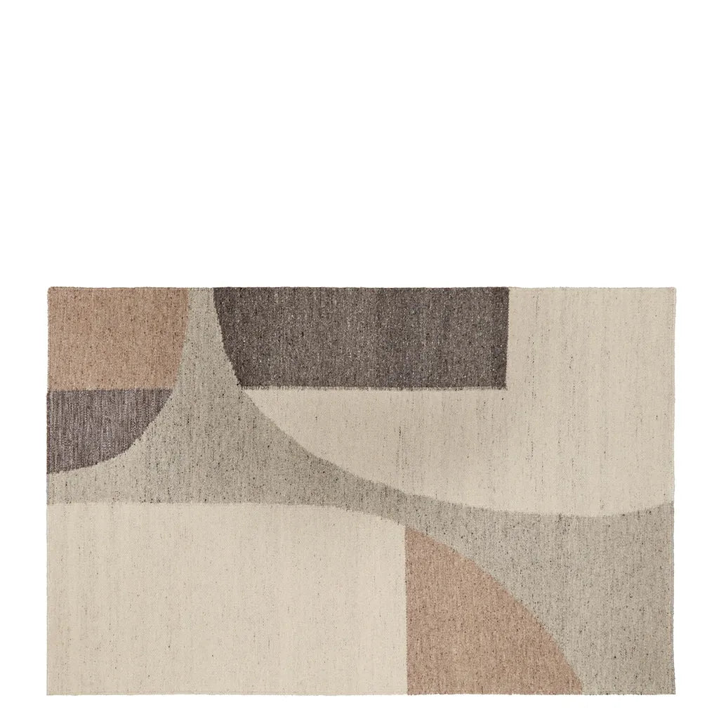 Neutral abstract geometric rug in ivory, taupe and beige with soft curved shapes, modern handwoven area rug.