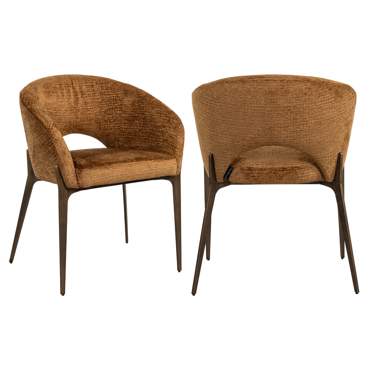 Rust upholstered dining chair with wraparound back and wooden legs