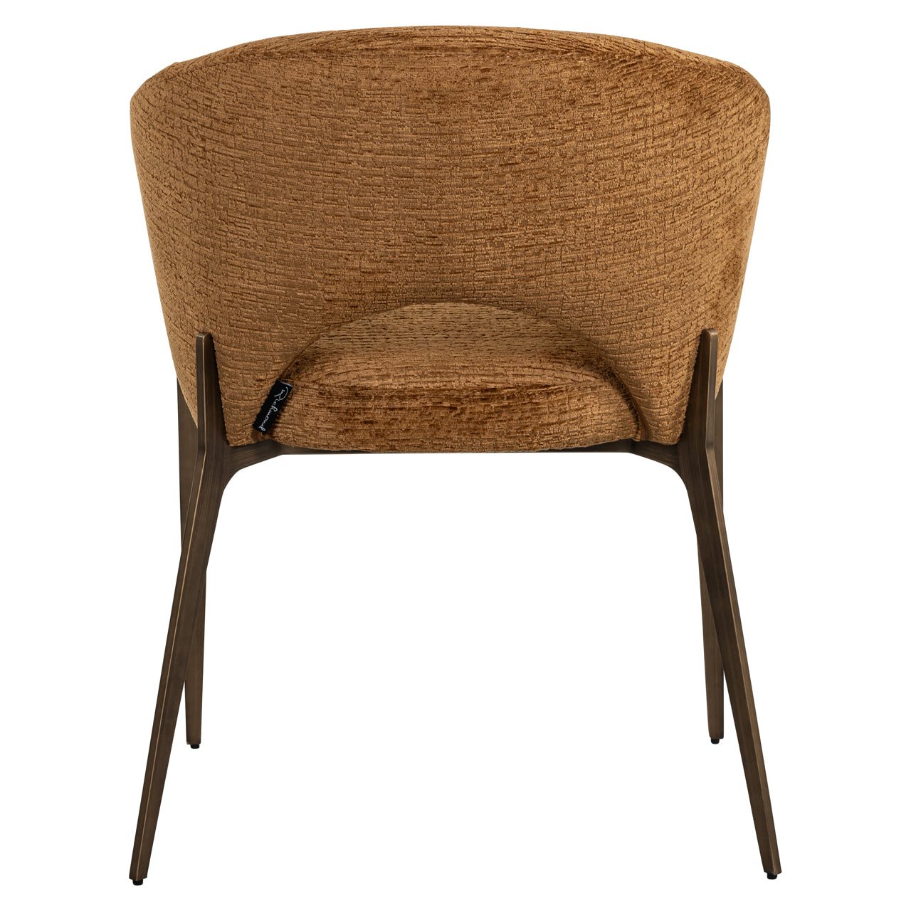 Rust upholstered dining chair with wraparound back and wooden legs