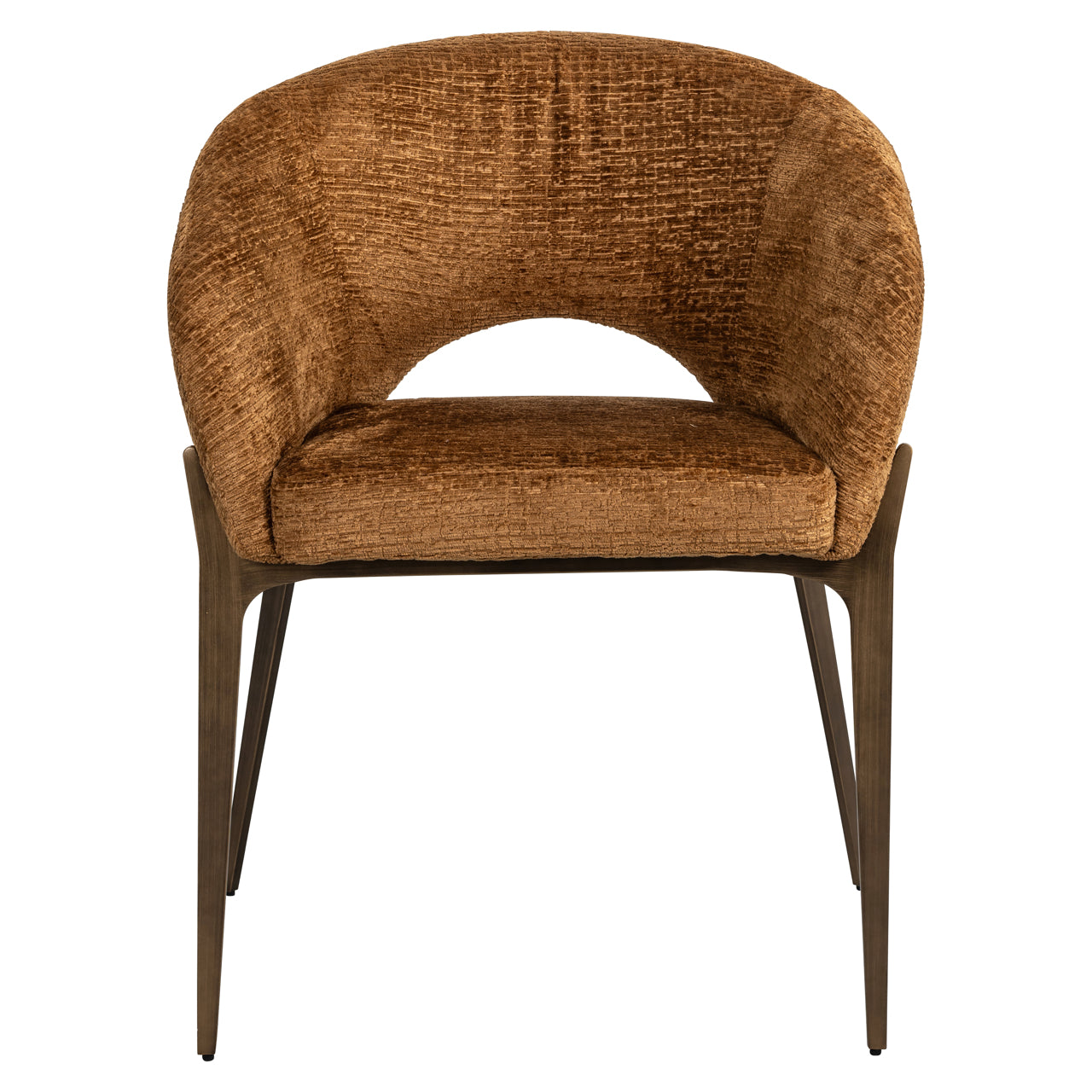 Rust upholstered dining chair with wraparound back and wooden legs