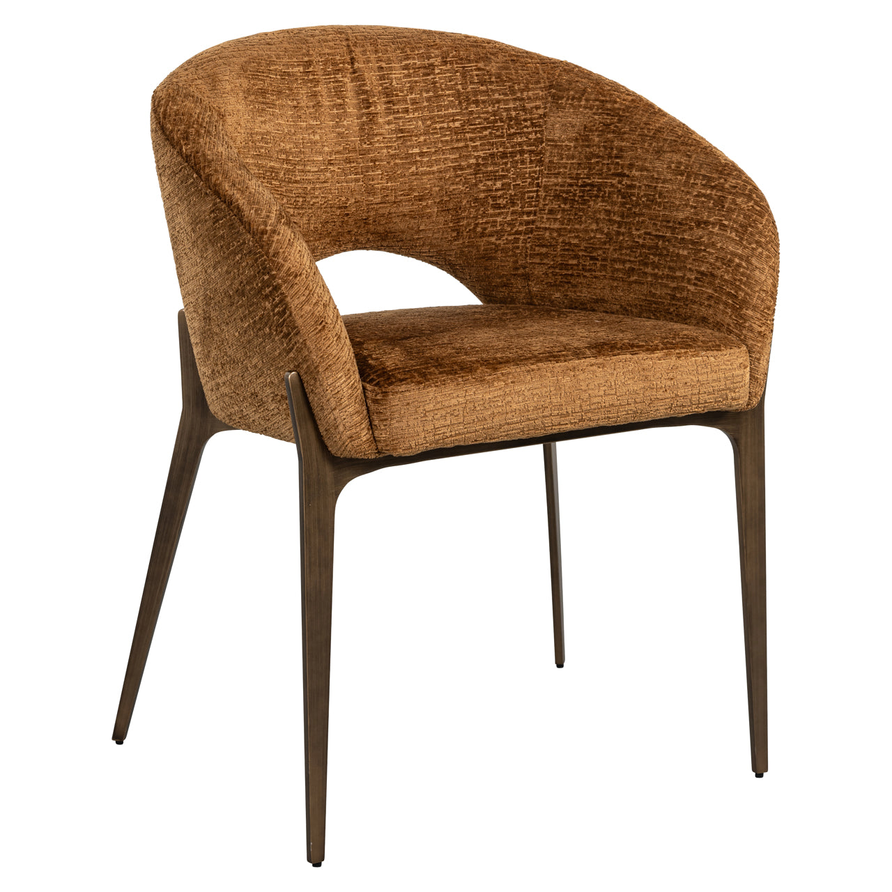 Rust upholstered dining chair with wraparound back and wooden legs