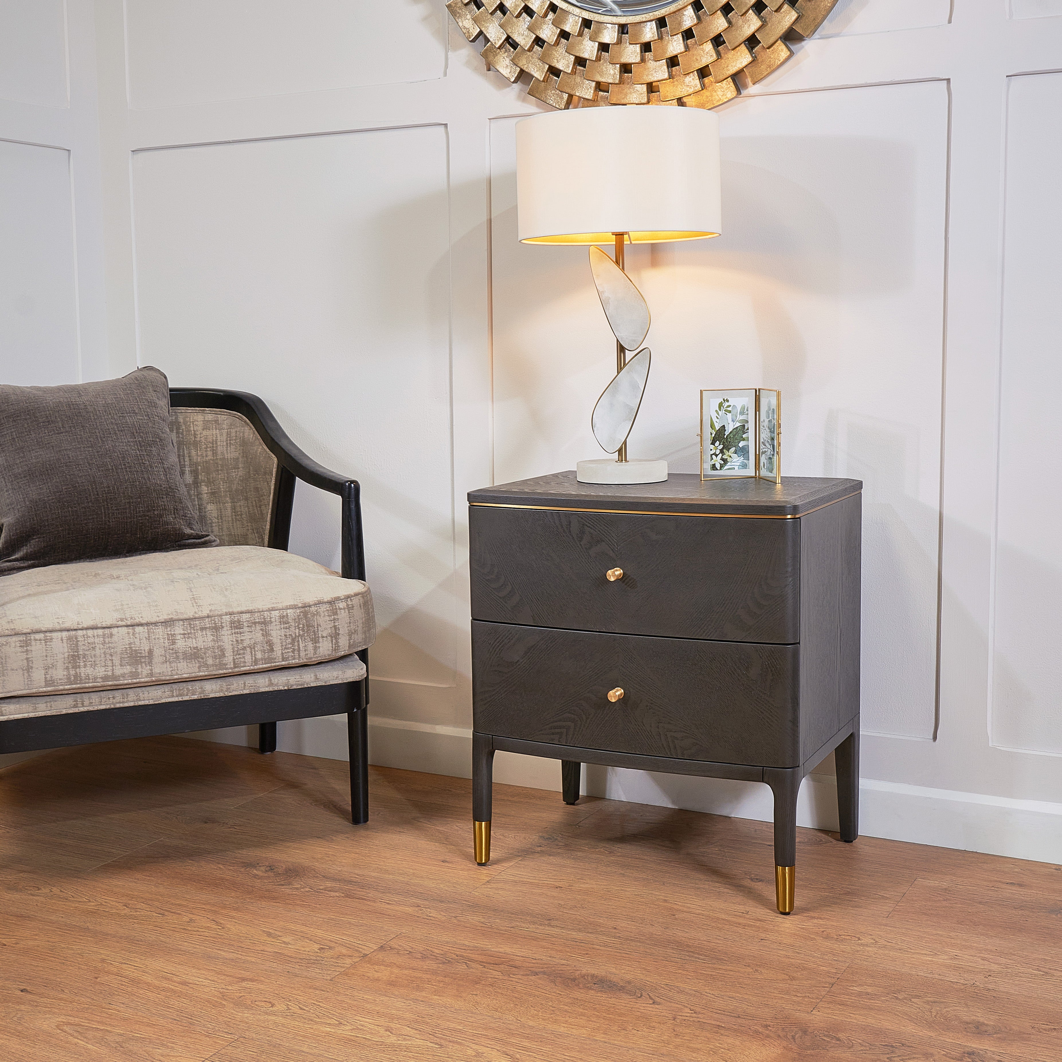 Dark Wood Nightstand with Brass Handles