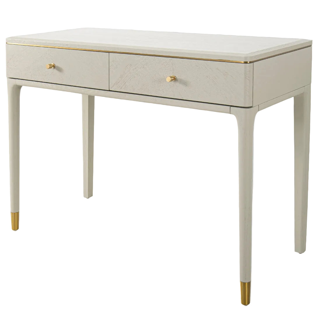 Light wood console table with two drawers and brass detailing”