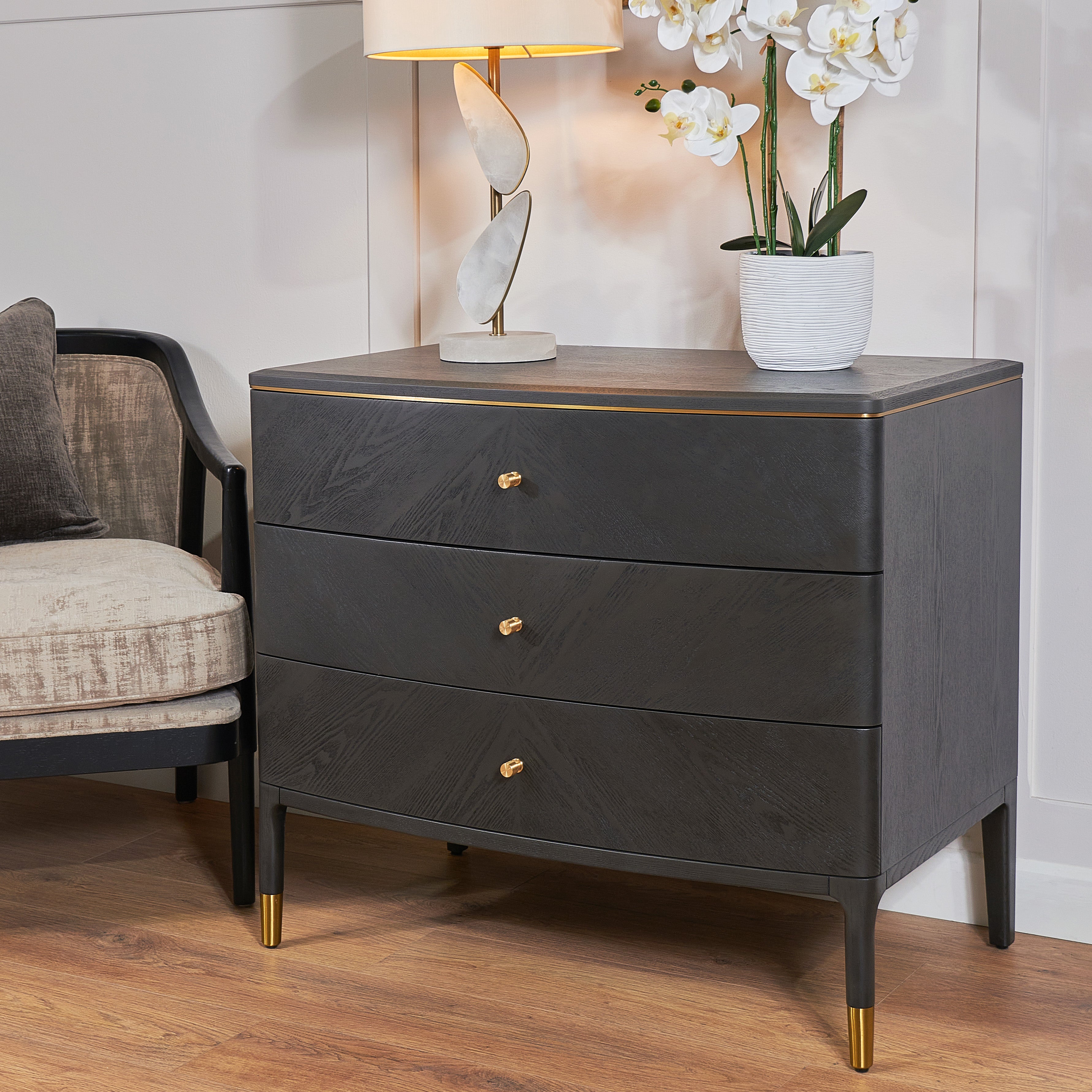 Modern Dark Wood Chest of Drawers with brass handles