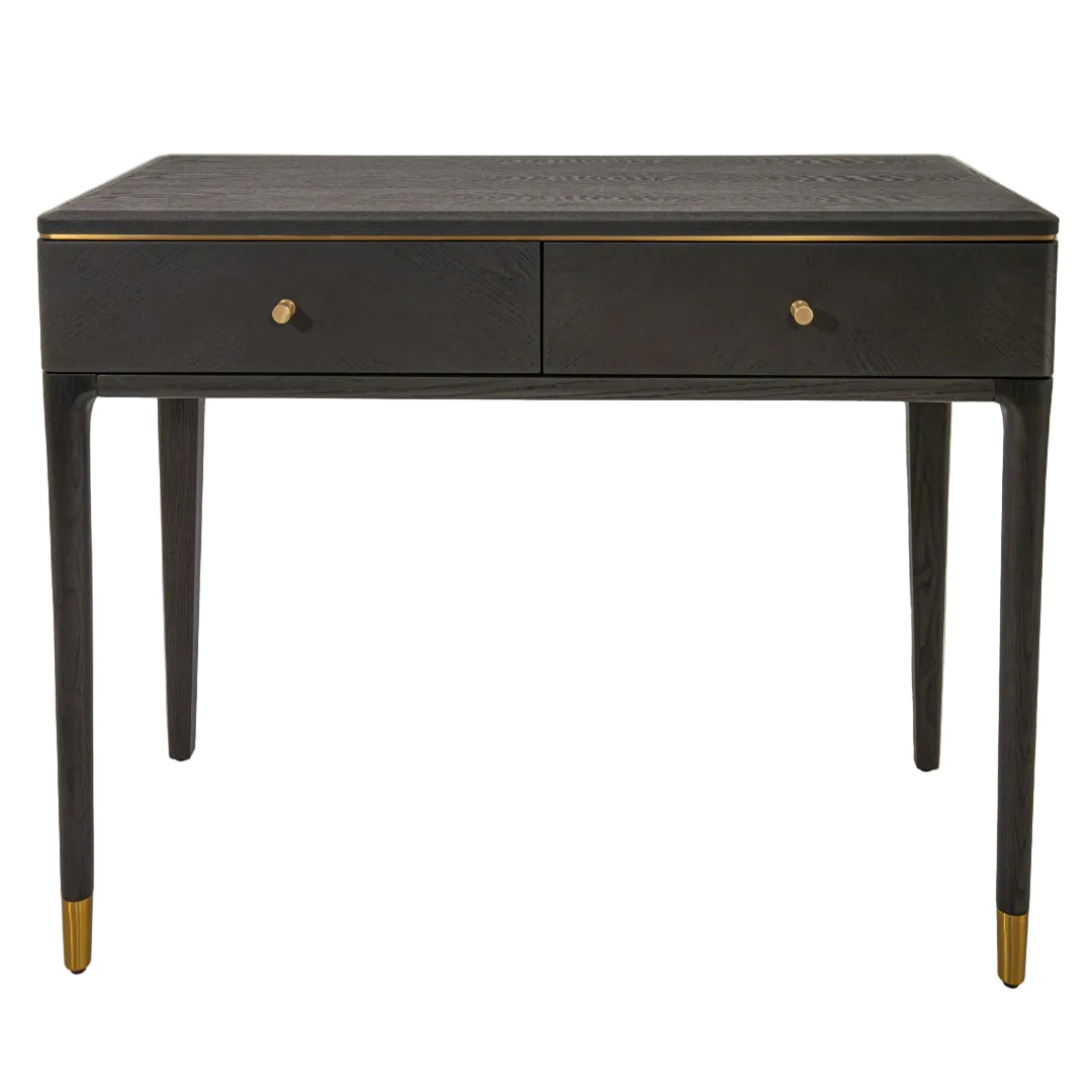 Dark wood dressing table with two drawers and brass detailing”