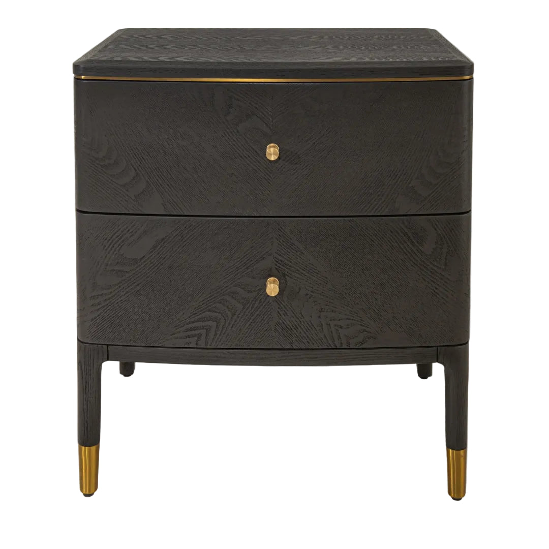Modern black wood nightstand with brass detailing