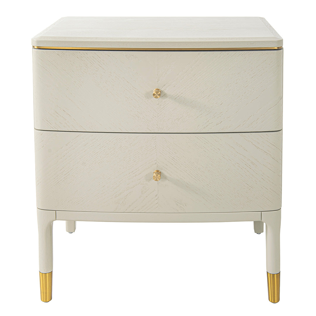Light grey two drawer bedside table with gold metal detail 