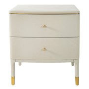 Light grey two drawer bedside table with gold metal detail 