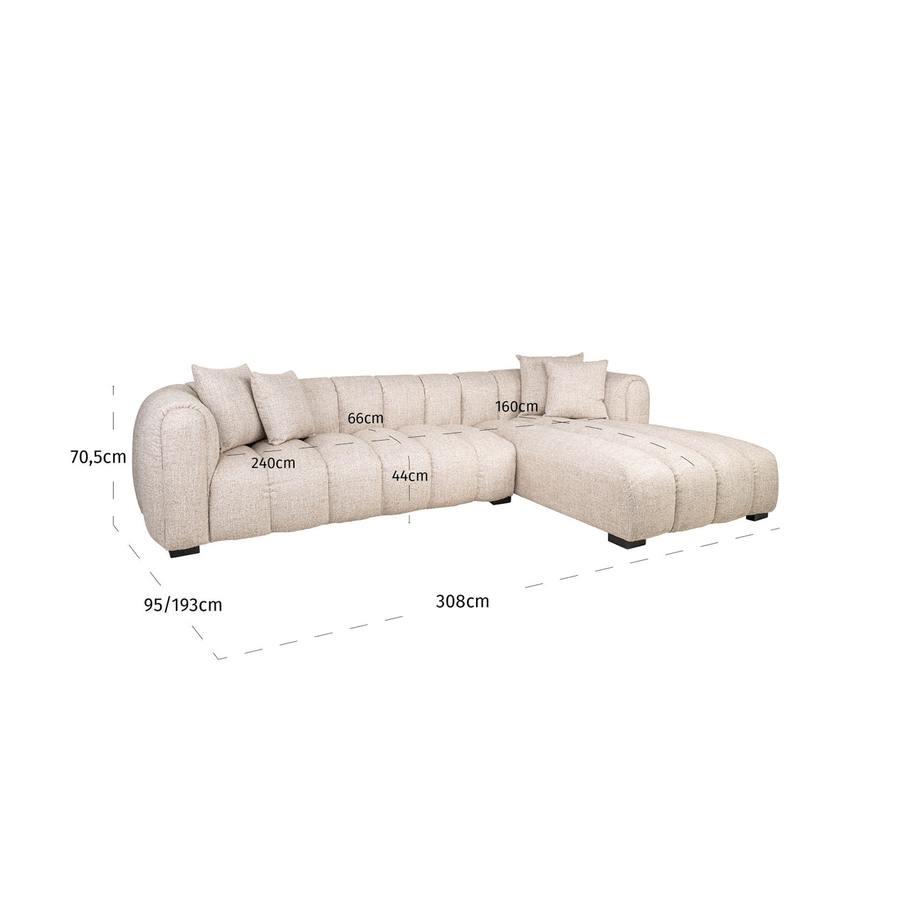 Extra-long beige luxury sofa with channel tufting
