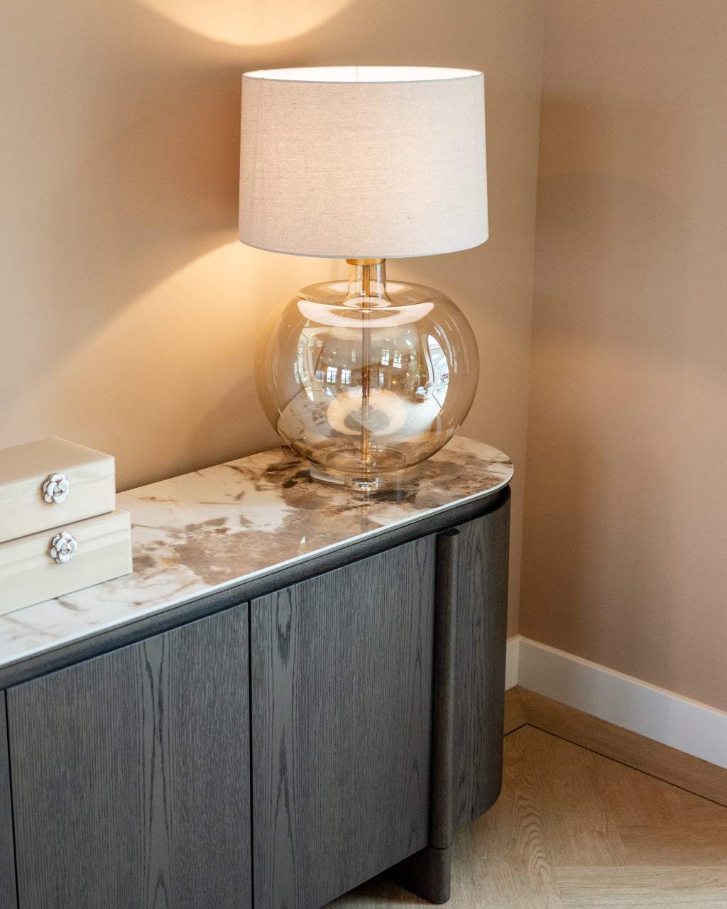 Dark Oak Sideboard with Ceramic Top – Modern Brown Storage Cabinet