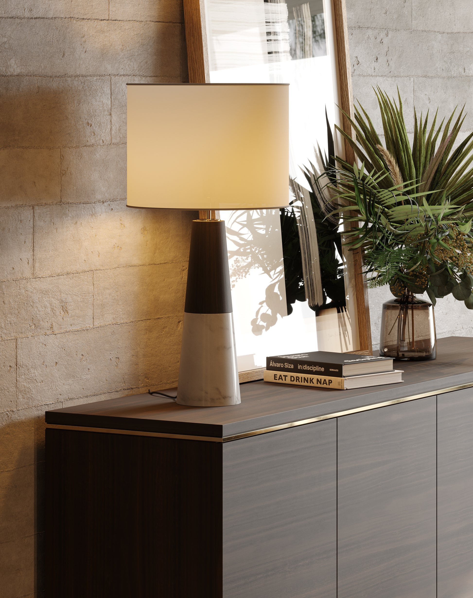 Laskasas walnut veneer matte sideboard with marble top