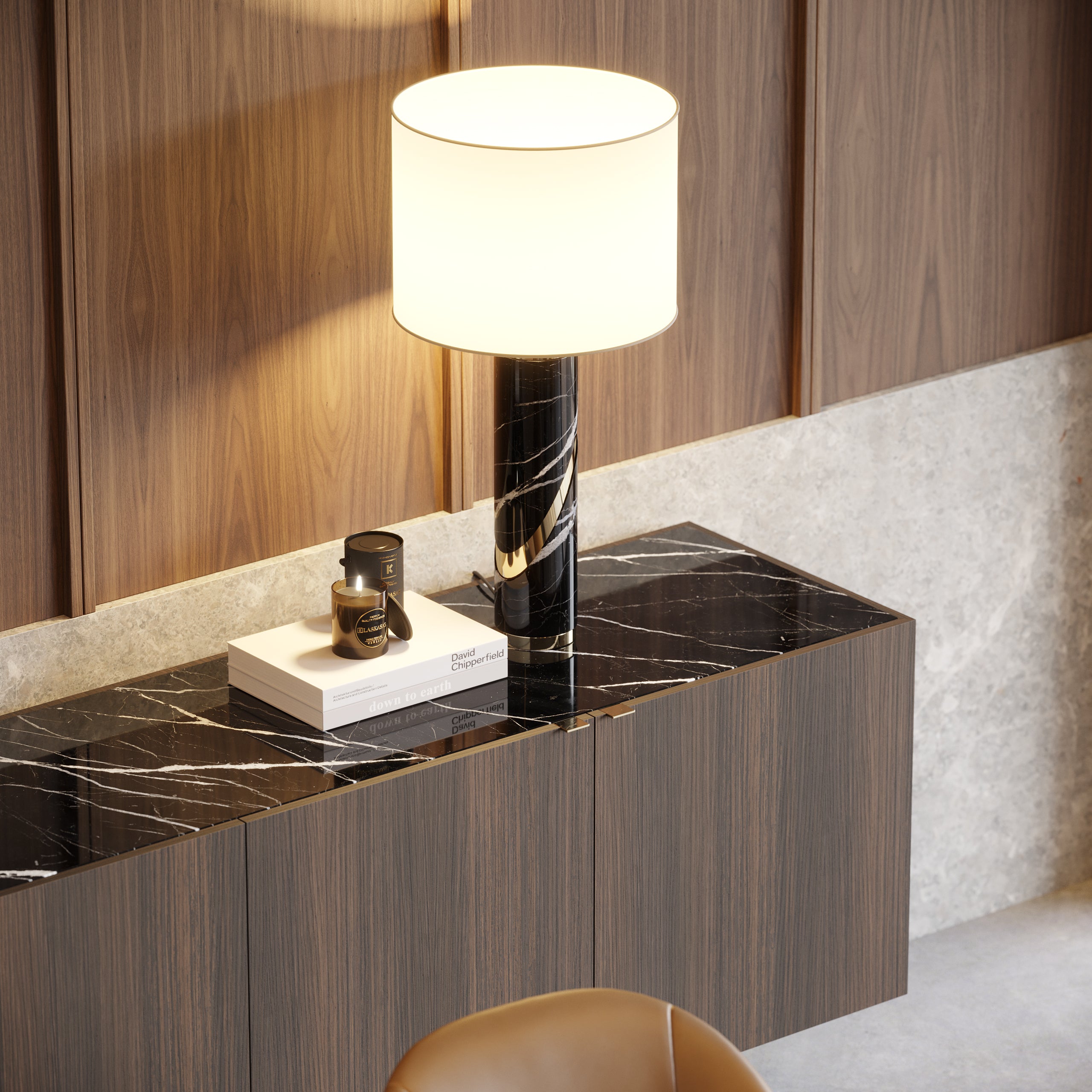 Laskasas walnut veneer matte sideboard with marble top