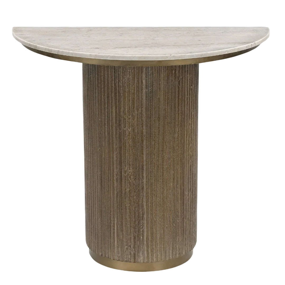 Lorient console table with curved stone top and fluted wood base”
