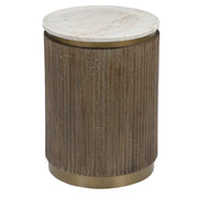 Side table with fluted wooden base, antique brass accents, and round marble top