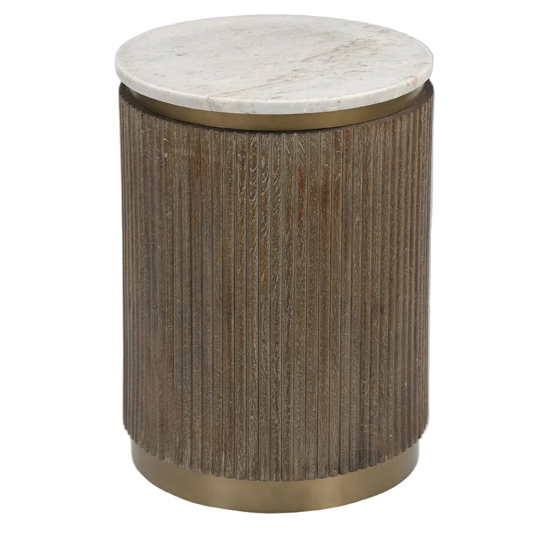 Side table with fluted wooden base, antique brass accents, and round marble top