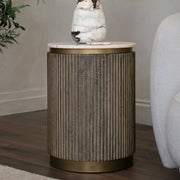 Round Wood Side Table with Brass Base and marble top 