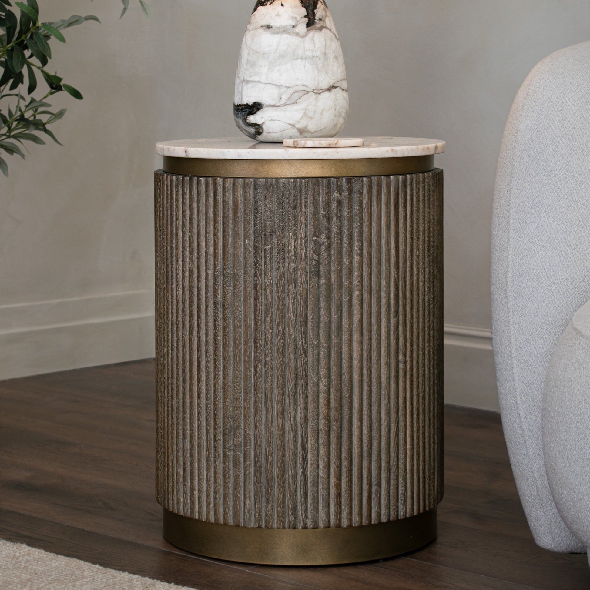 Round Wood Side Table with Brass Base and marble top 