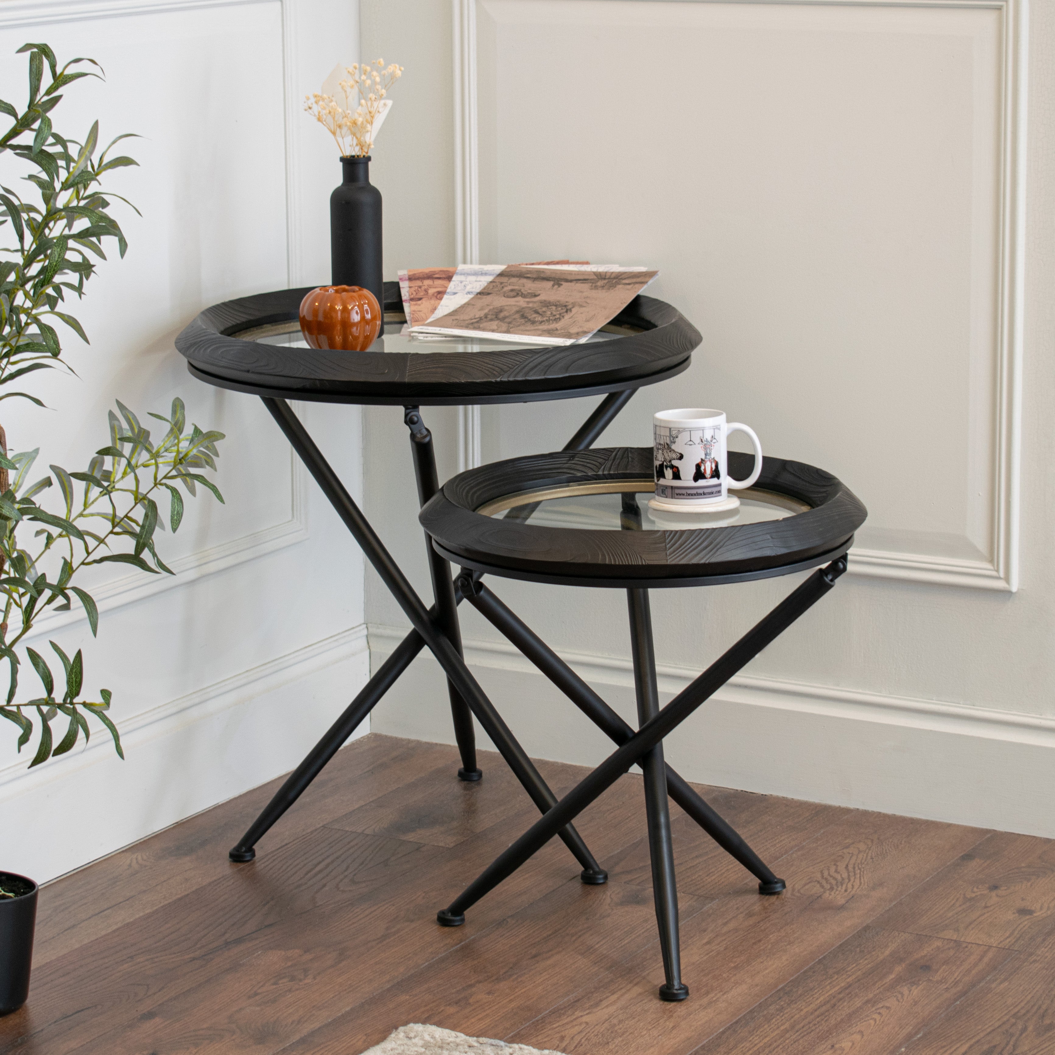 Set of black and mirror console tables 