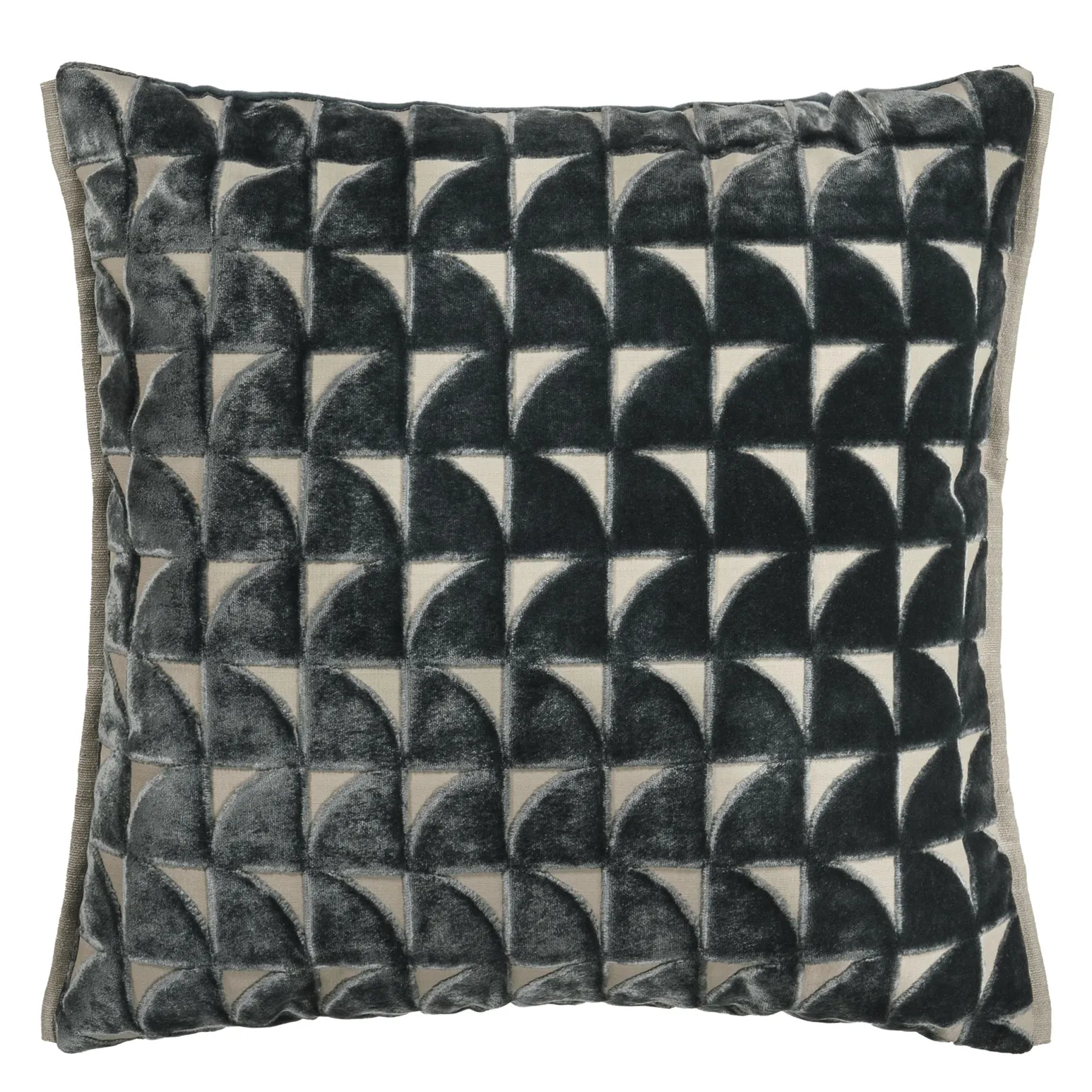 Graphite velvet cushion with geometric pattern