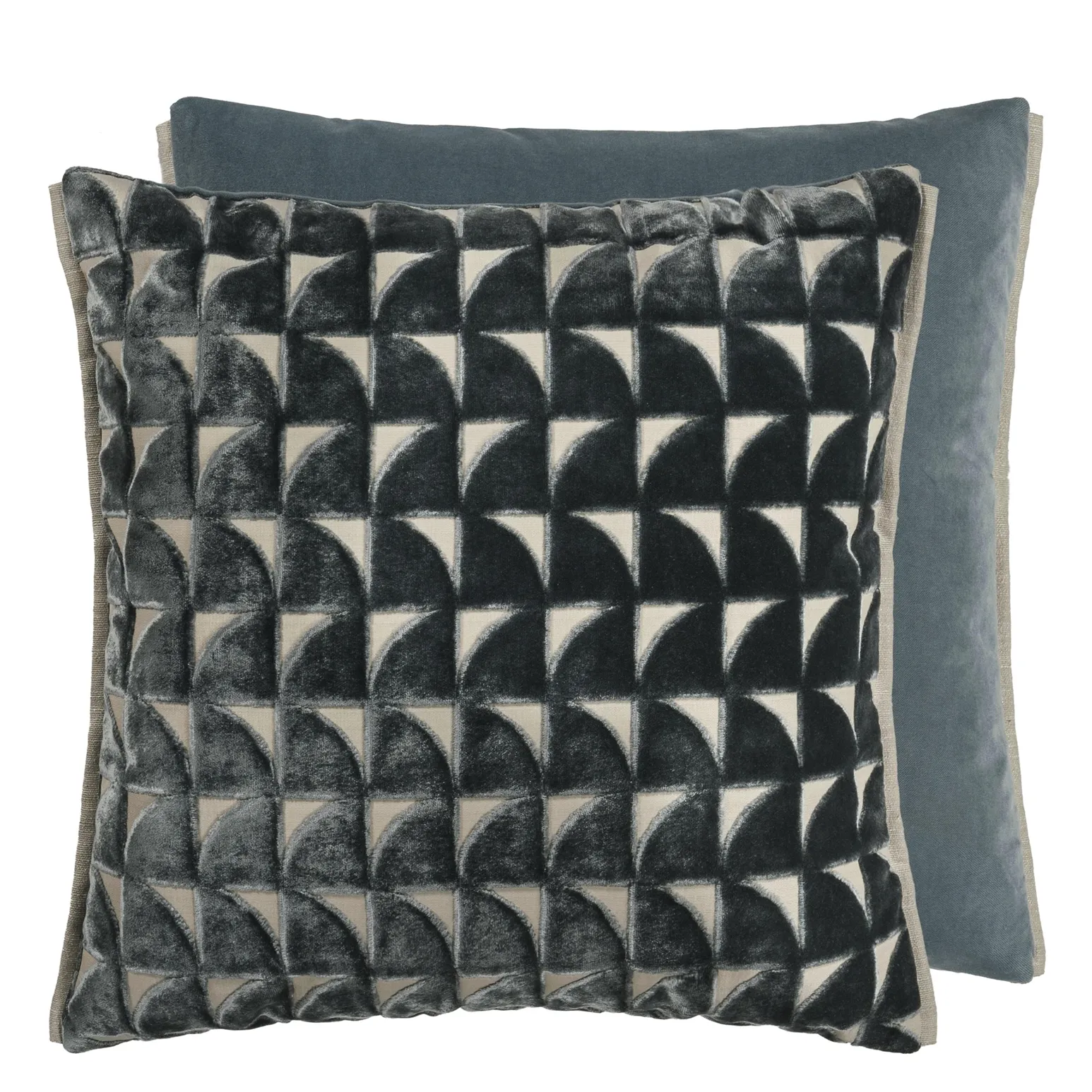 Graphite velvet cushion with geometric pattern