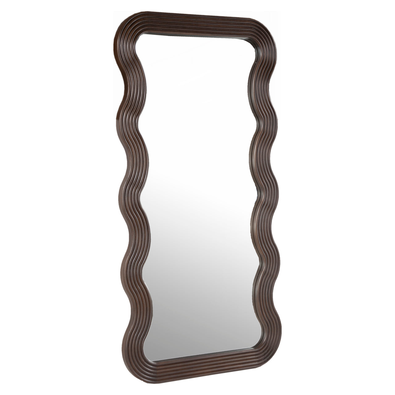 Modern wavy full length mirror with dark wood frame and sculptural curved design