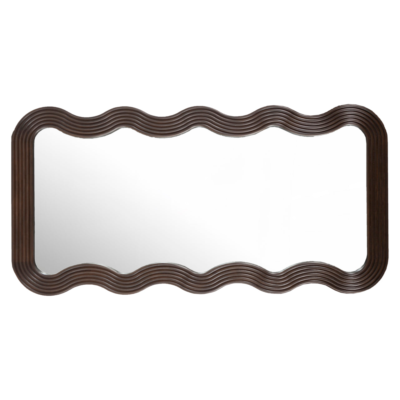 Modern wavy full length mirror with dark wood frame and sculptural curved design