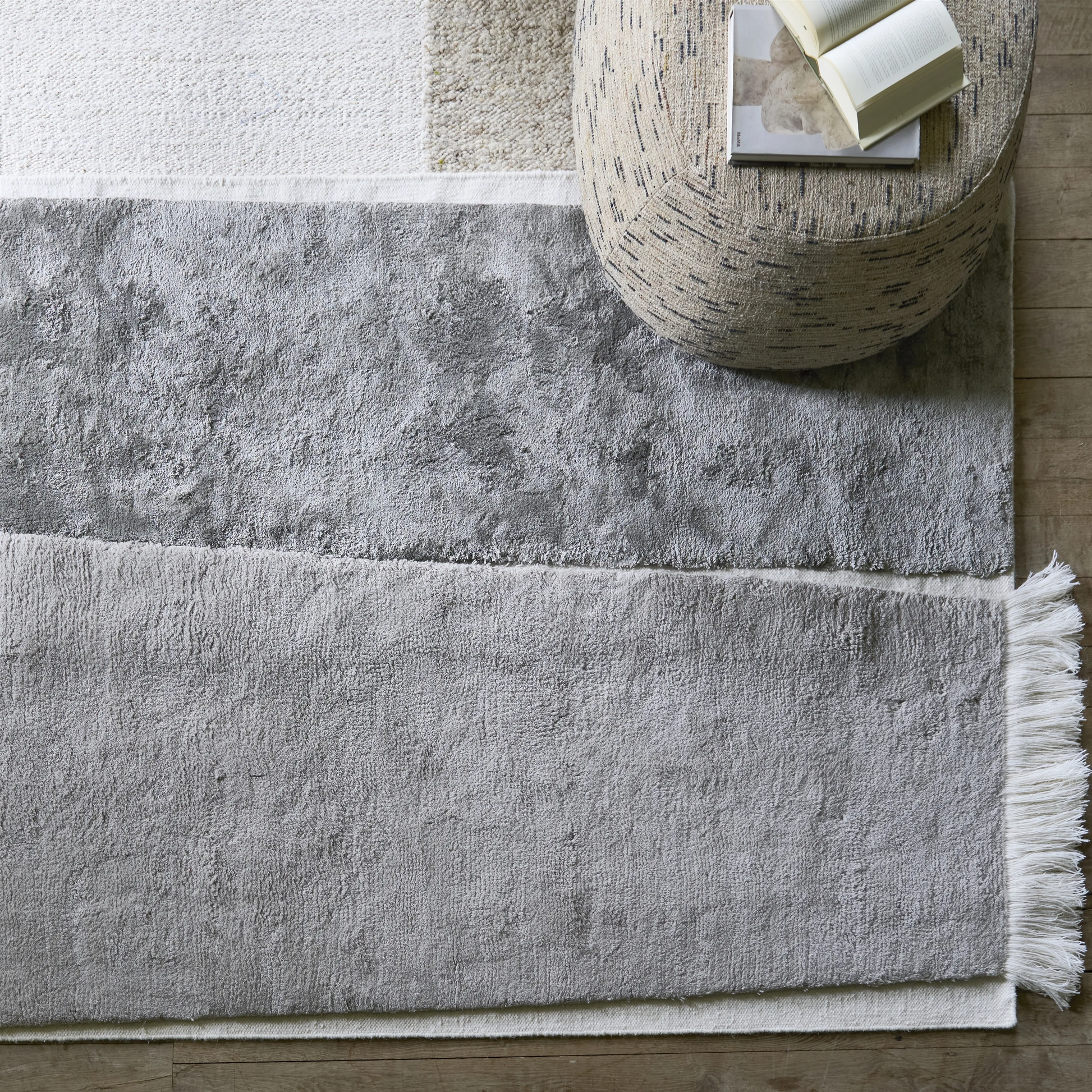 Grey Plush rug with trim two tone 