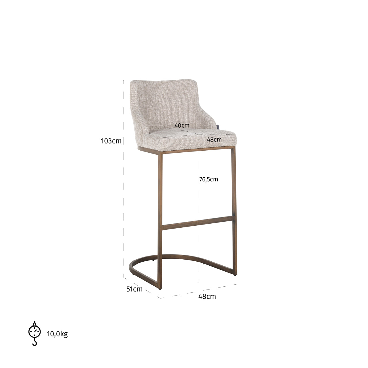 Upholstered bar stool set with warm metal base