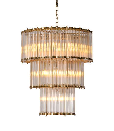 Three-tier fluted glass chandelier with brushed brass frame