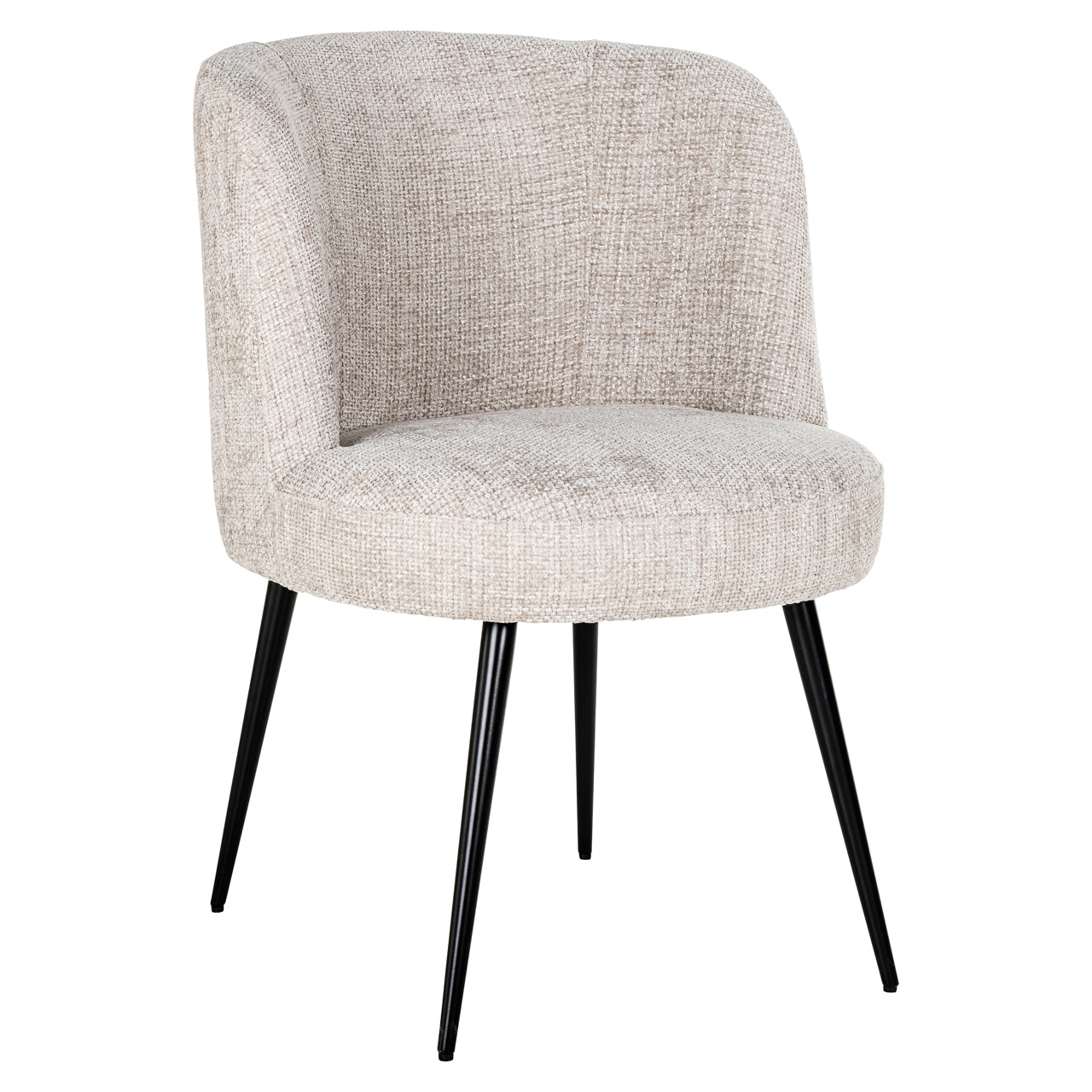 Contemporary upholstered dining chair in neutral fabric with black legs