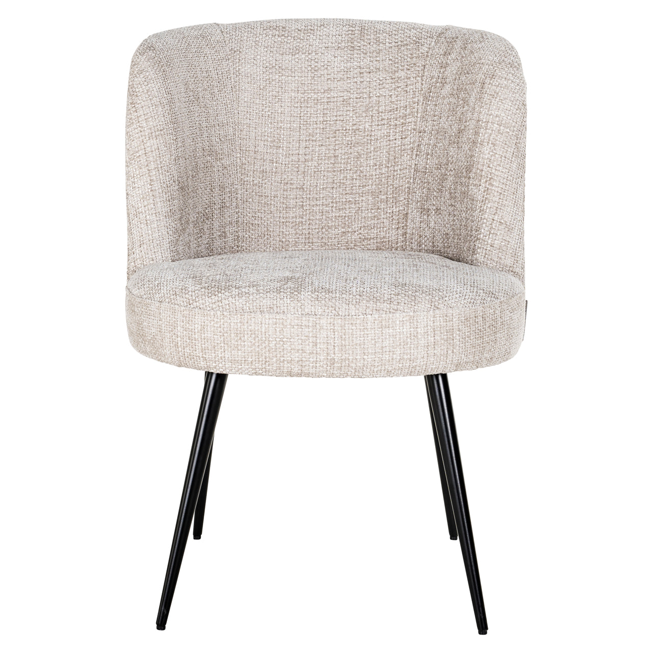 Contemporary upholstered dining chair in neutral fabric with black legs