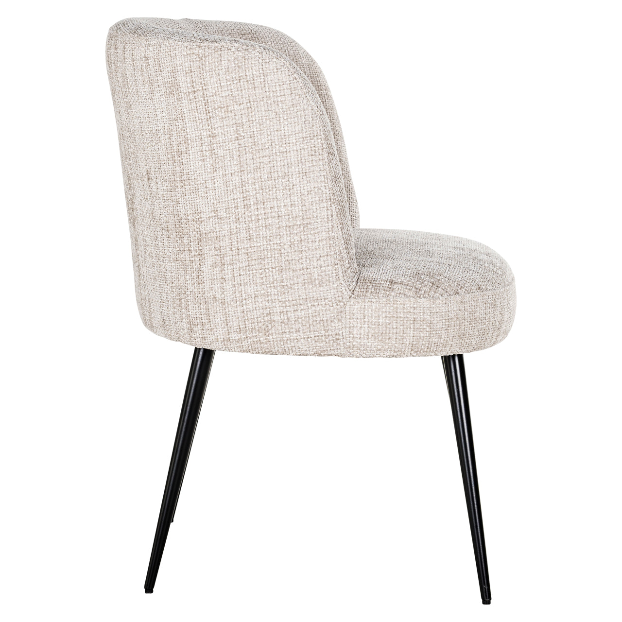 Contemporary upholstered dining chair in neutral fabric with black legs