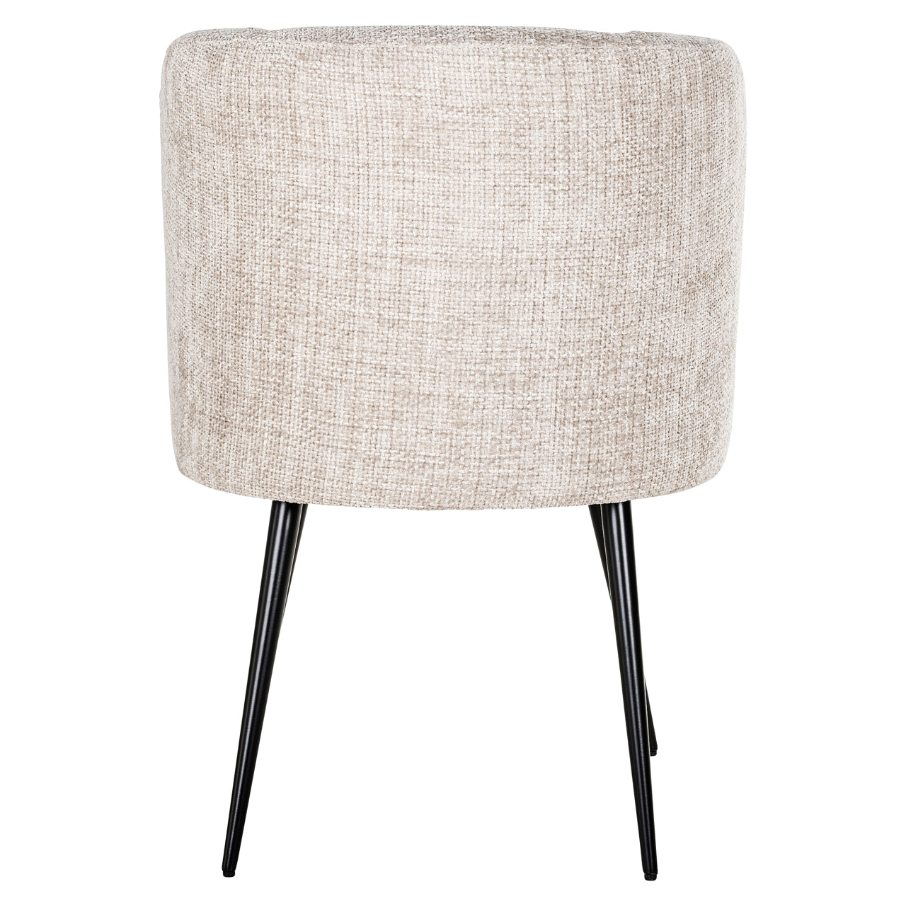 Contemporary upholstered dining chair in neutral fabric with black legs