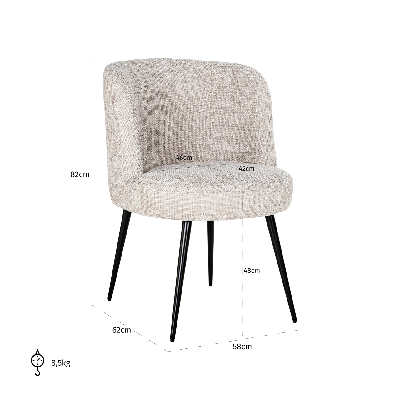 Contemporary upholstered dining chair in neutral fabric with black legs