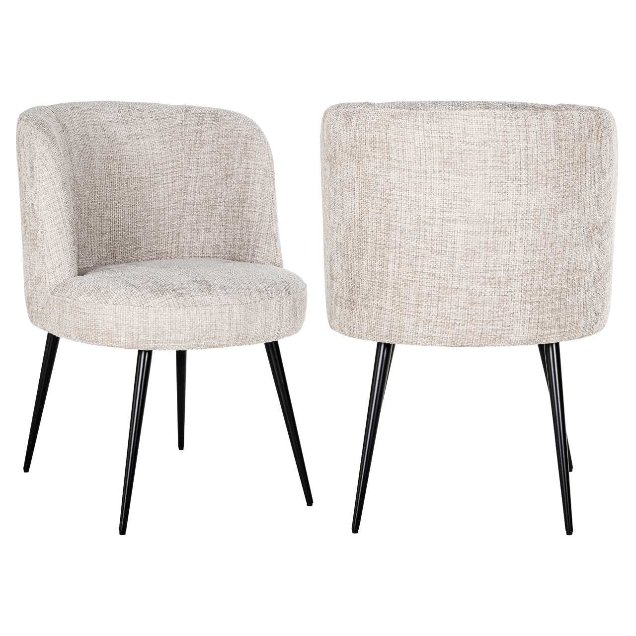 Contemporary upholstered dining chair in neutral fabric with black legs