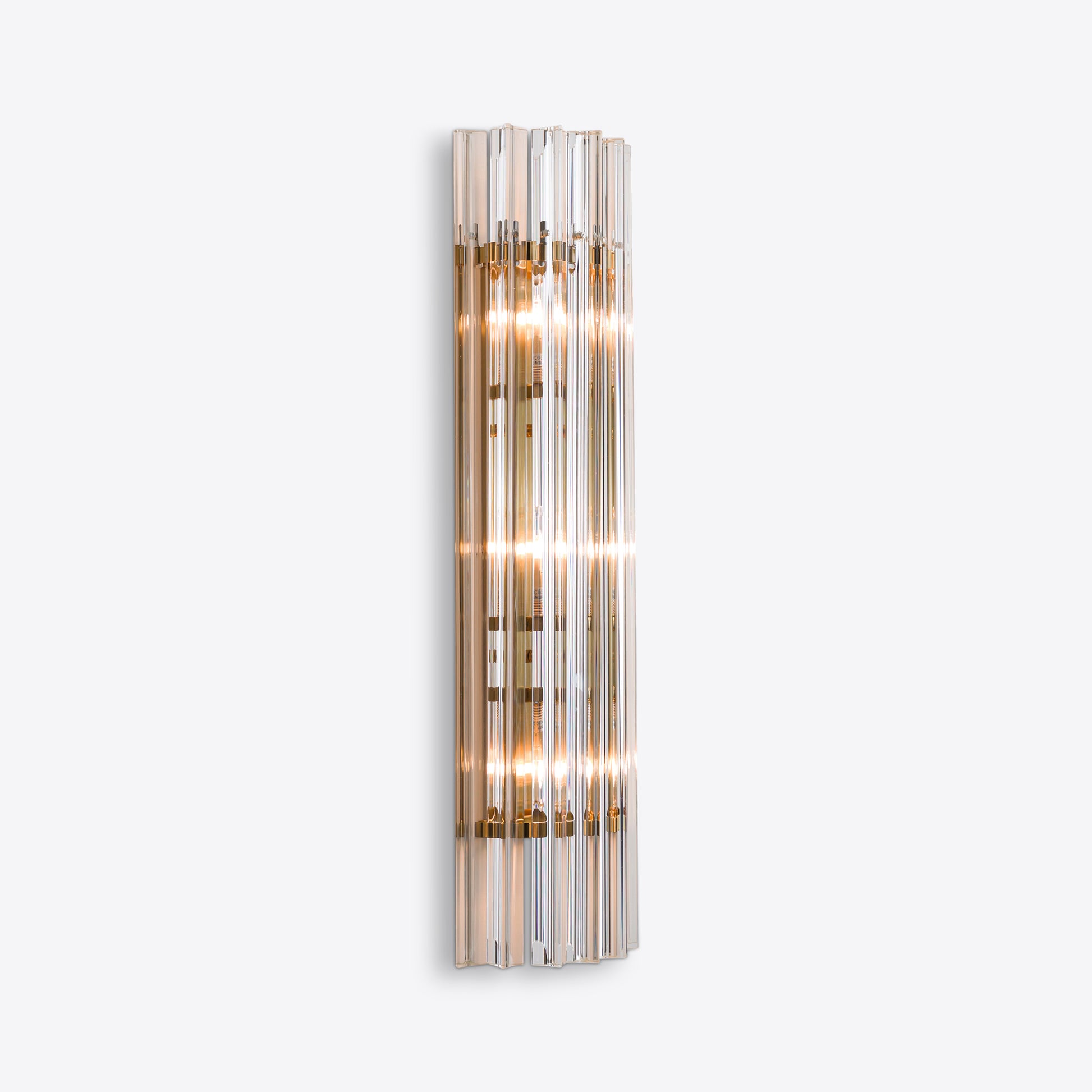Elegant Murano clear glass wall light with sculptural vertical glass and brass accents
