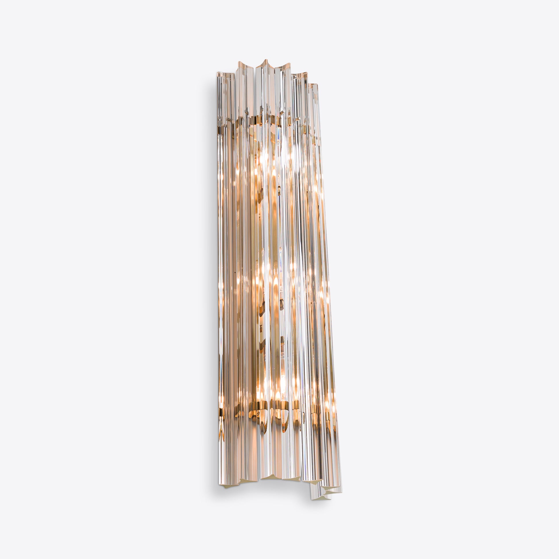 Elegant Murano clear glass wall light with sculptural vertical glass and brass accents