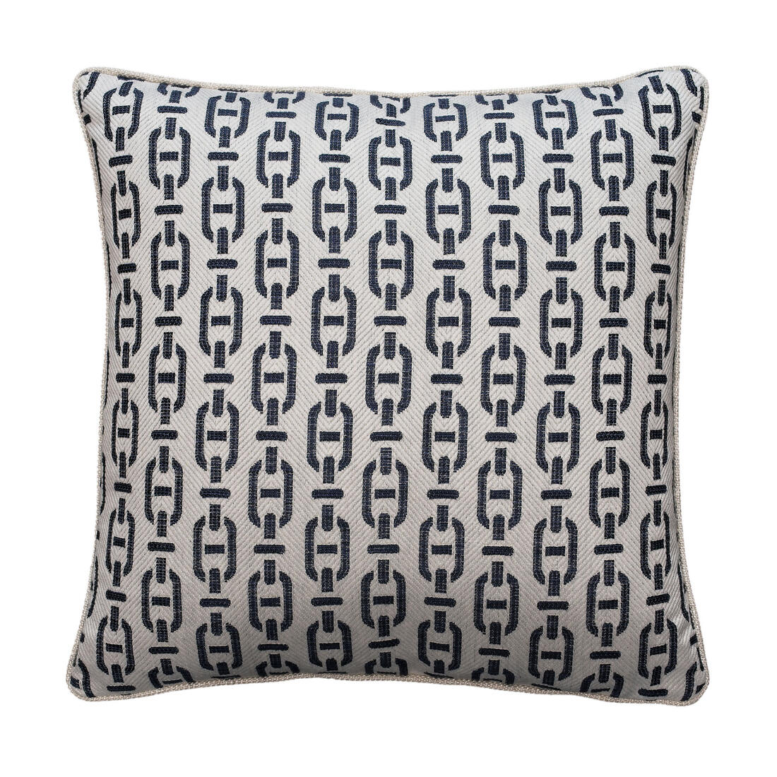 Sophie Paterson Burlington Navy designer cushion with woven chain link pattern and ecru piping