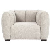 Beige upholstered accent chair with rounded arms