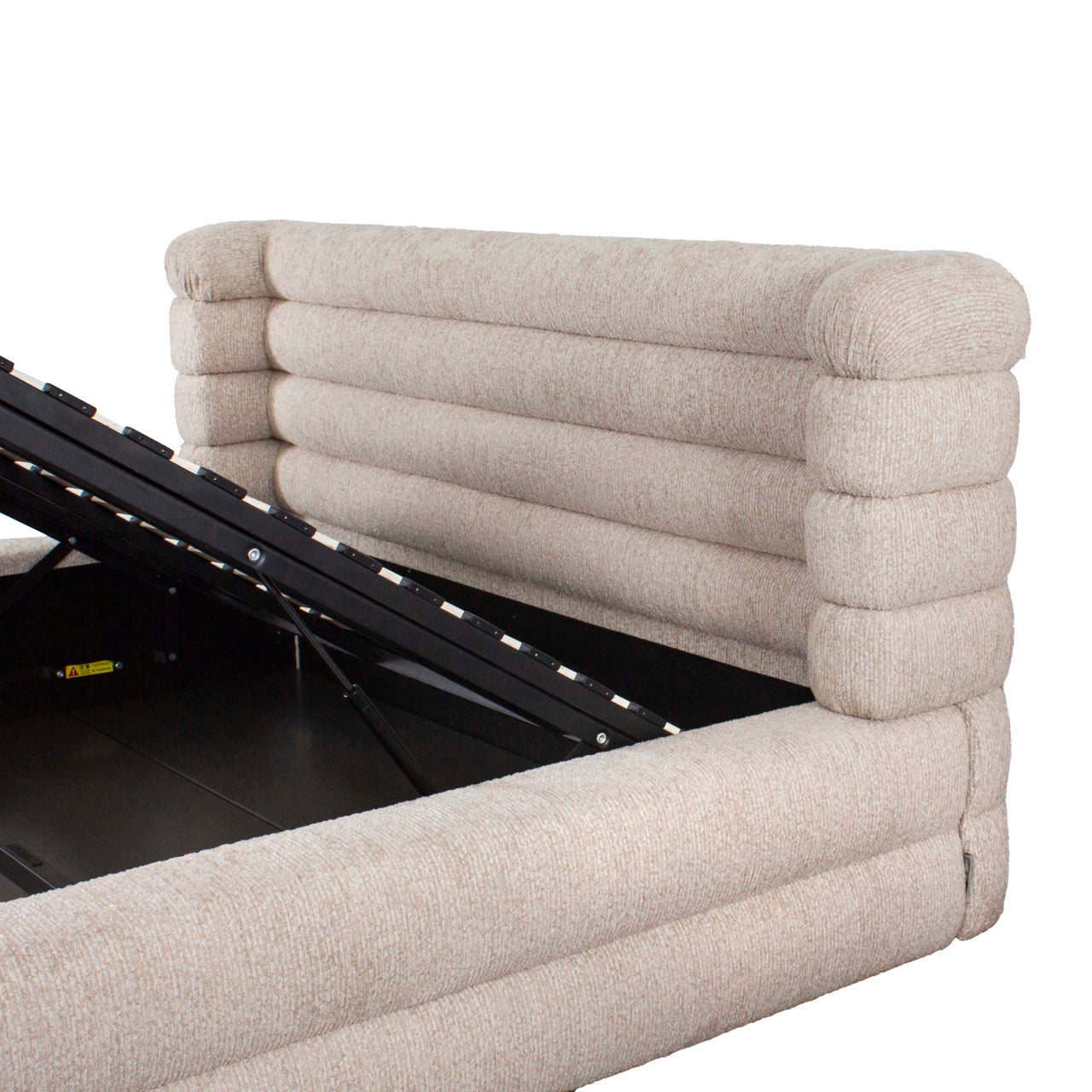 Beige upholstered storage bed with padded headboard and lift-up ottoman base