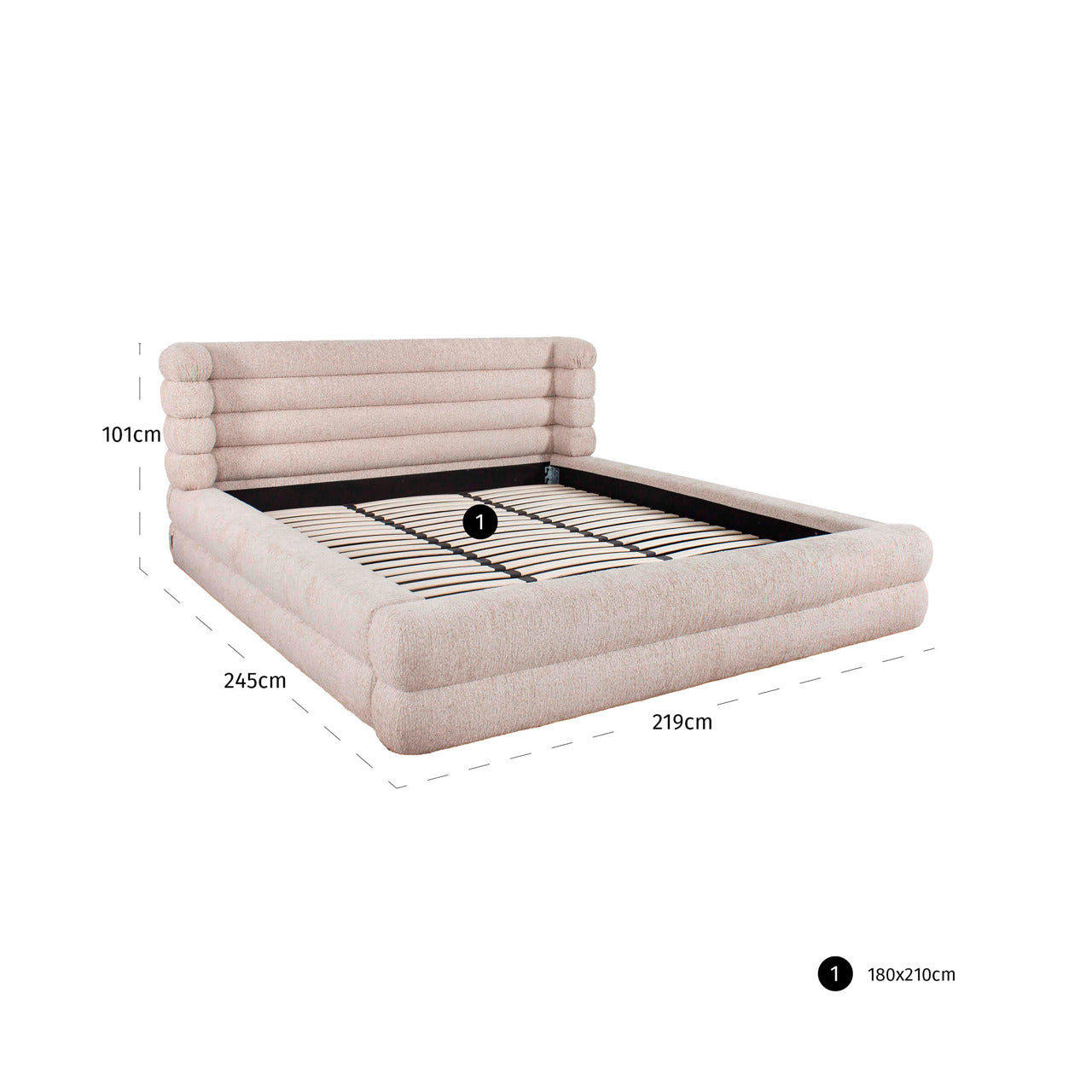 Beige upholstered storage bed with padded headboard and lift-up ottoman base