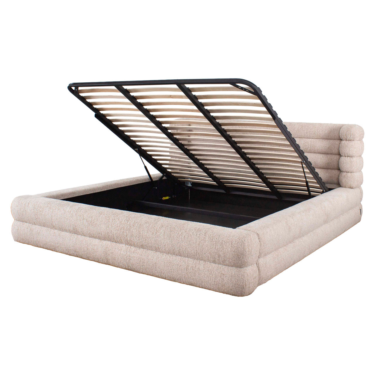 Beige upholstered storage bed with padded headboard and lift-up ottoman base