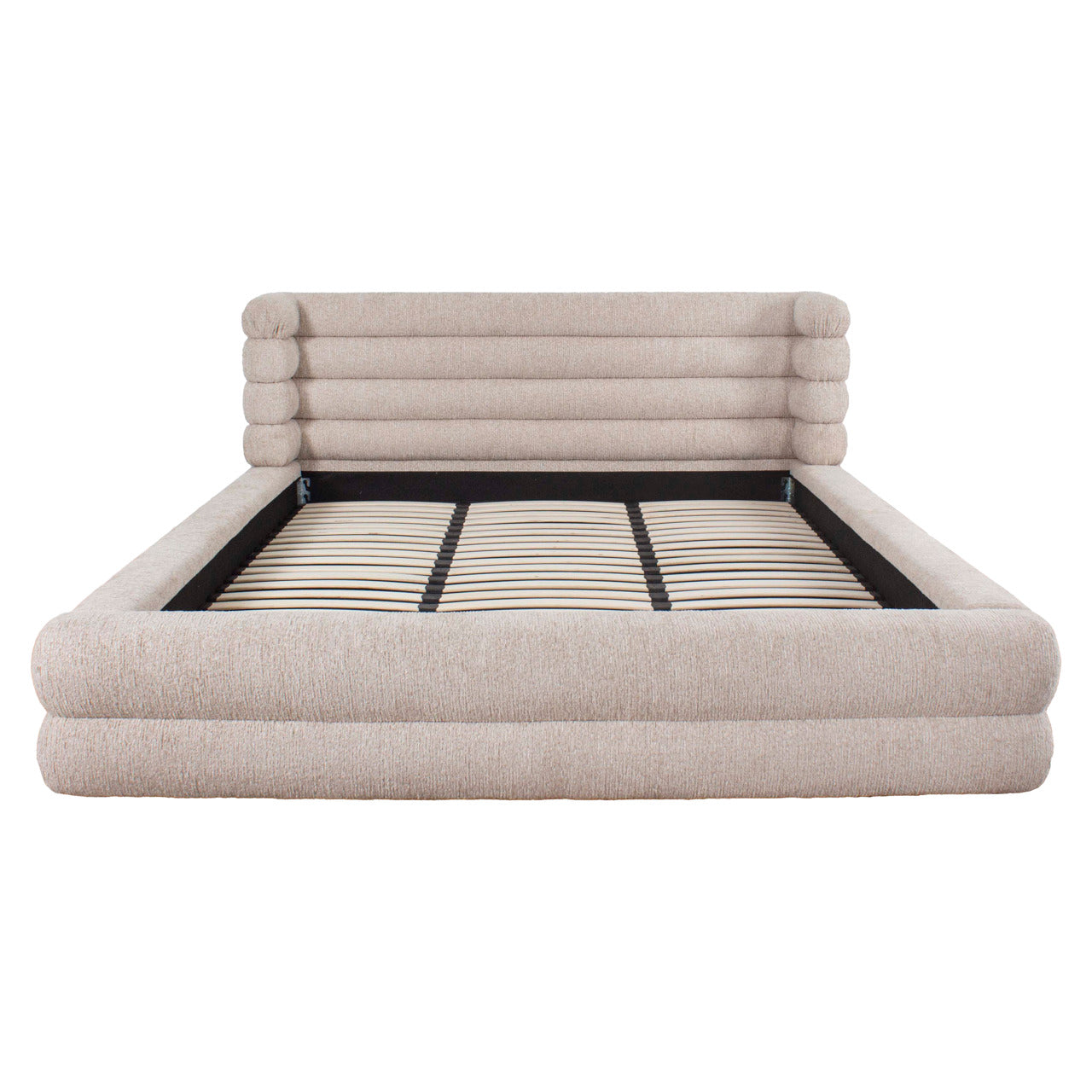 Beige upholstered storage bed with padded headboard and lift-up ottoman base