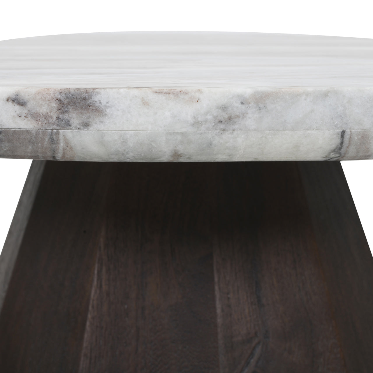 Round marble coffee table with dark mango wood base, modern sculptural design