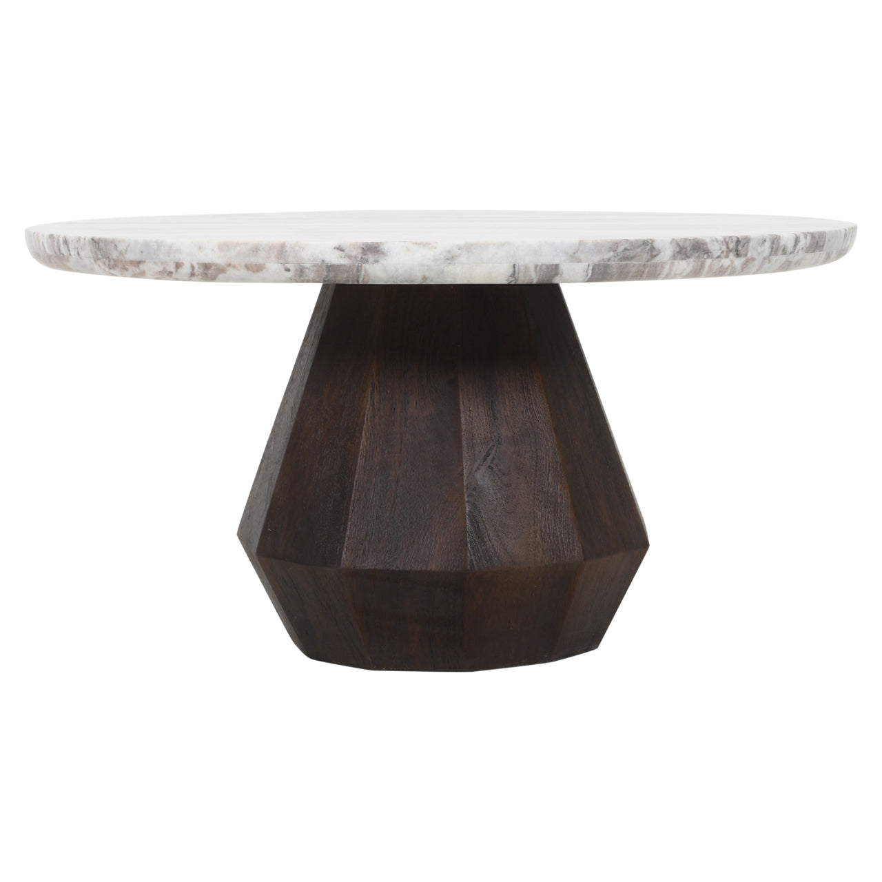 Round marble coffee table with dark mango wood base, modern sculptural design