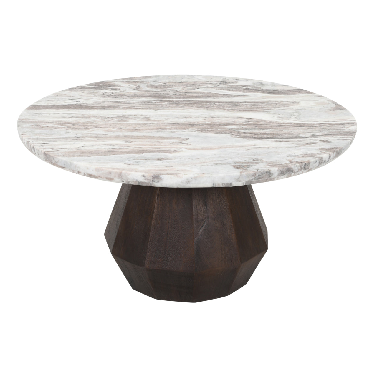 Round marble coffee table with dark mango wood base, modern sculptural design