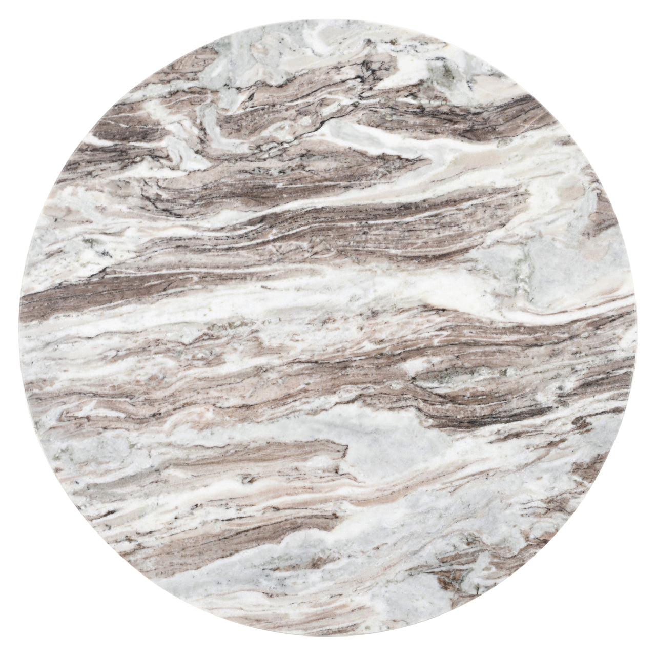 Round marble coffee table with dark mango wood base, modern sculptural design