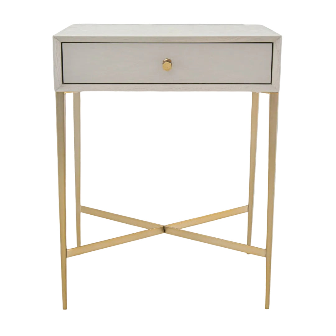 Grey side table with drawer and gold metal frame
