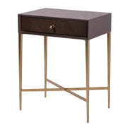 Dark wood side table with drawer and gold metal frame