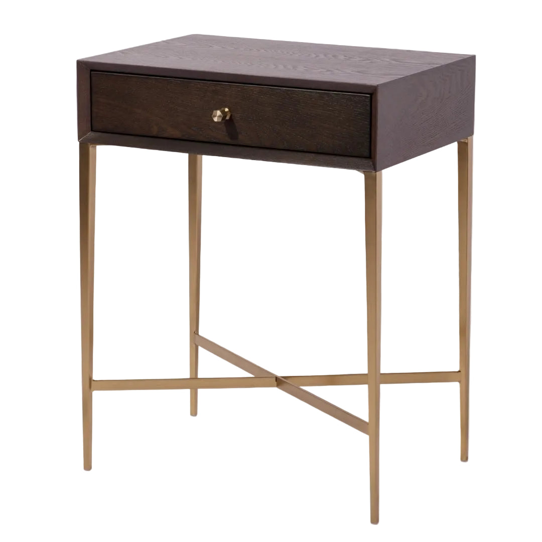 Dark wood side table with drawer and gold metal frame